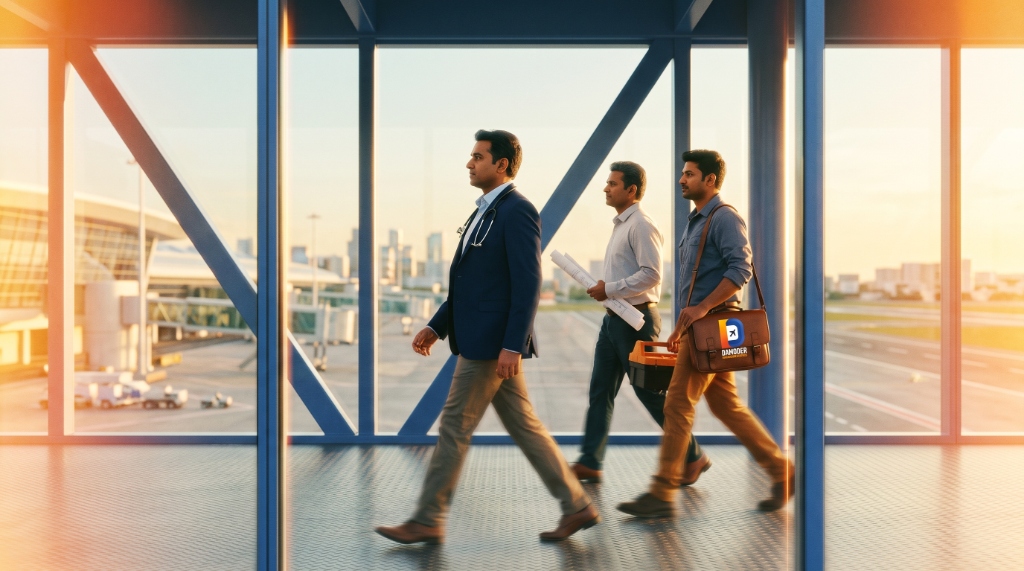 Indian professionals deployed via Damoder Immigration Services walking through airport departure aerobridge